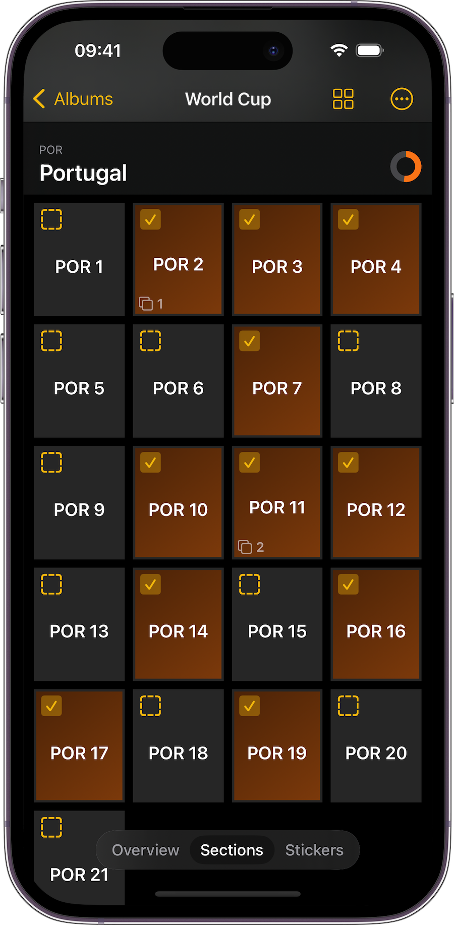 World Cup album with collected, missing, and duplicate stickers in the Stickers app